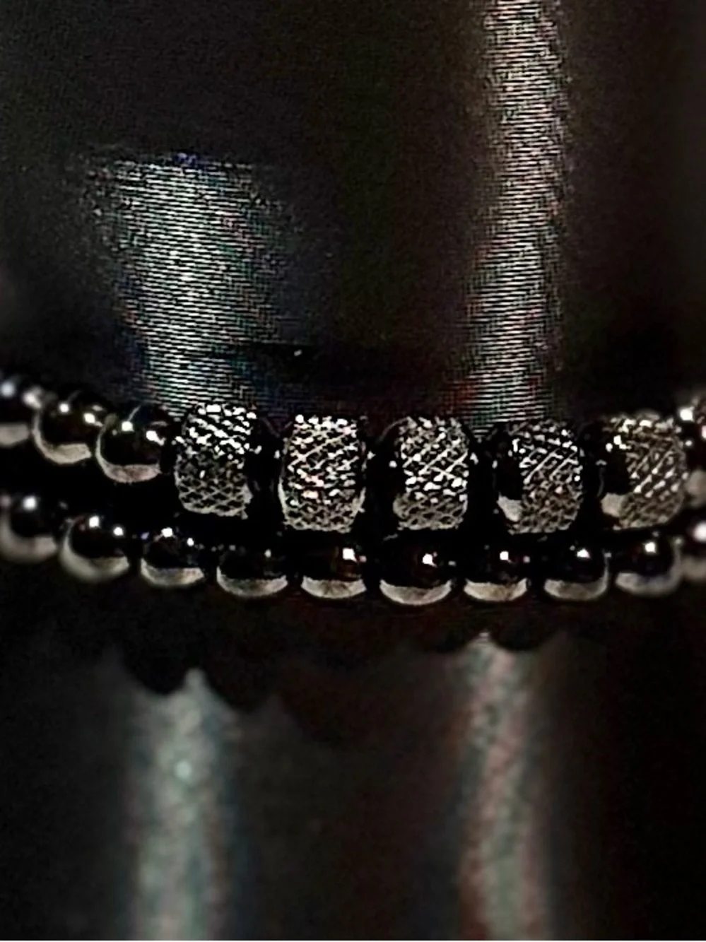 Double Unisex Black and Silver Beaded Bracelet with Crown Accent